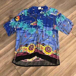 Basix‎ Blue/Purple Hawaiian Shirt Men Large Bin O-14